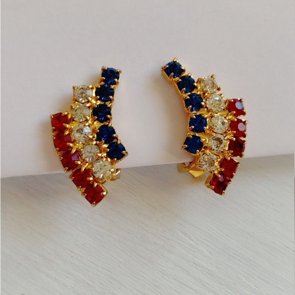 Vintage Red White & Blue Rhinestone Sparkle Patriotic Gold-tone Clip-on Earring - Picture 1 of 4
